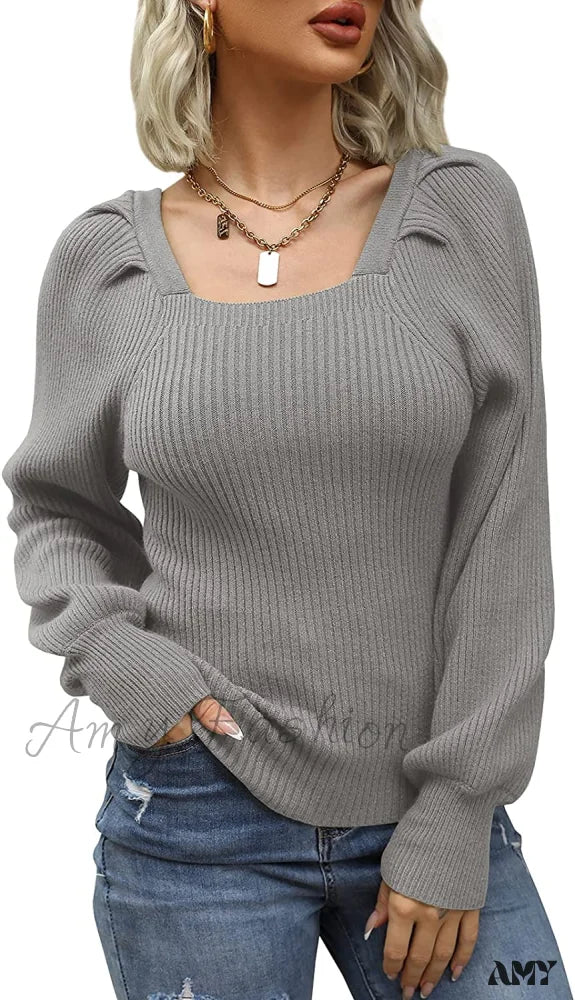 Amy Fashion - Women’s Square Neck Long Lantern Sleeve Sweater Gray / Medium