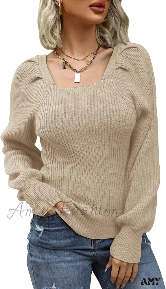 Amy Fashion - Women’s Square Neck Long Lantern Sleeve Sweater Khaki / Xx-Large