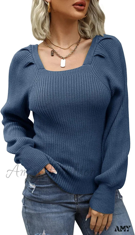 Amy Fashion - Women’s Square Neck Long Lantern Sleeve Sweater Navy / Small