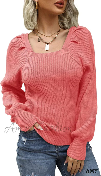 Amy Fashion - Women’s Square Neck Long Lantern Sleeve Sweater Pink / Medium