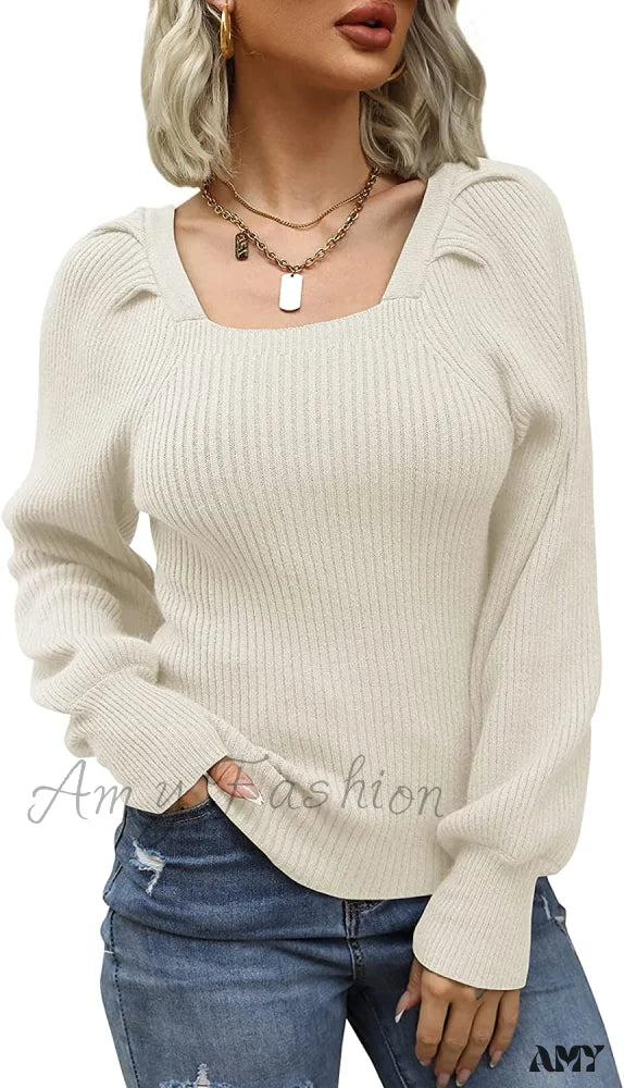 Amy Fashion - Women’s Square Neck Long Lantern Sleeve Sweater White / Medium