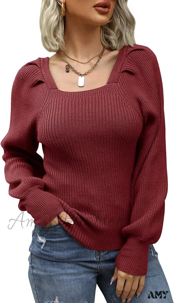 Amy Fashion - Women’s Square Neck Long Lantern Sleeve Sweater Wine Red / Large