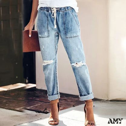 Amy Fashion - Women’s Streetwear Ripped Vintage Casual Drawstring Elastic Waist High Baggy Jean