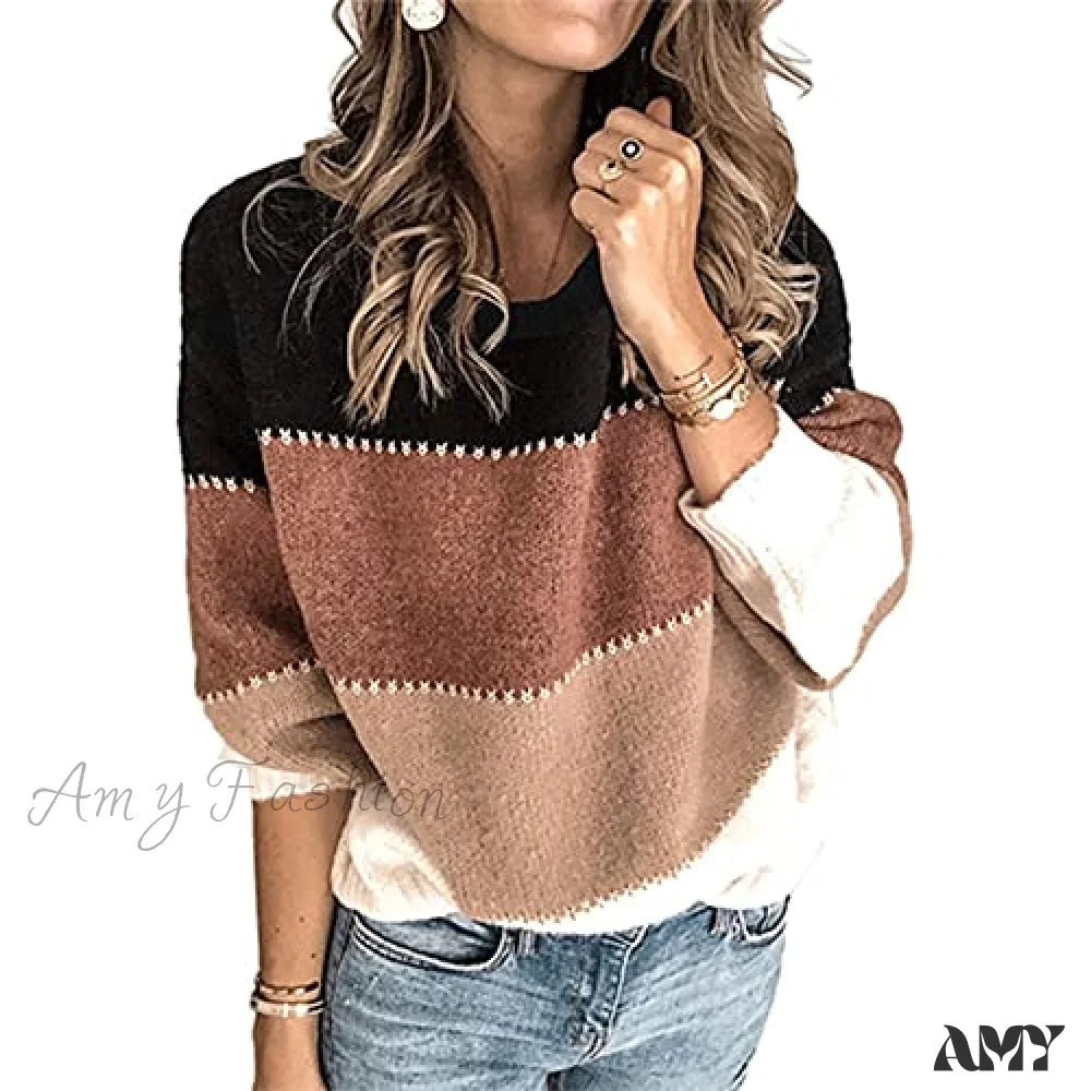 Amy Fashion - Women’s Stripe Sweaters Color Block Long Sleeve Pullover