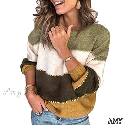 Amy Fashion - Women’s Stripe Sweaters Color Block Long Sleeve Pullover