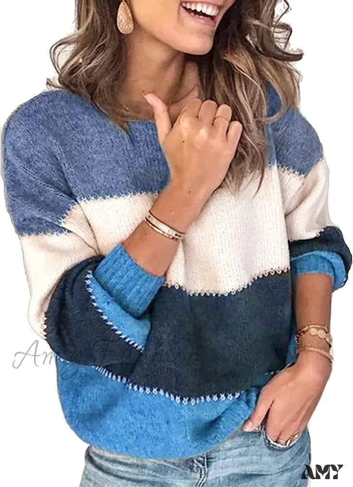 Amy Fashion - Women’s Stripe Sweaters Color Block Long Sleeve Pullover Blue / Small