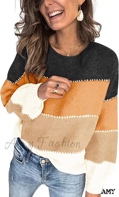 Amy Fashion - Women’s Stripe Sweaters Color Block Long Sleeve Pullover Orange / X-Large