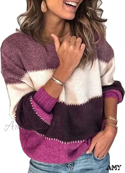 Amy Fashion - Women’s Stripe Sweaters Color Block Long Sleeve Pullover Purple / Small