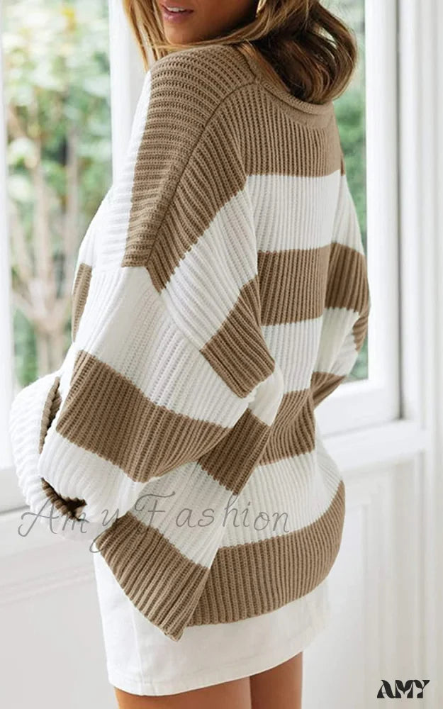 Amy Fashion - Women’s Striped Color Comfy Knitted Sweater