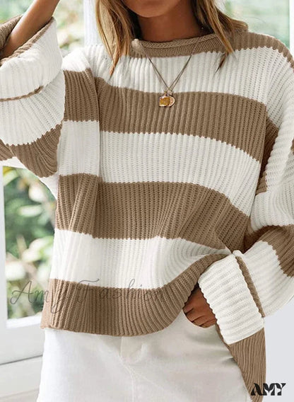 Amy Fashion - Women’s Striped Color Comfy Knitted Sweater