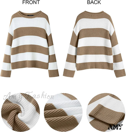 Amy Fashion - Women’s Striped Color Comfy Knitted Sweater