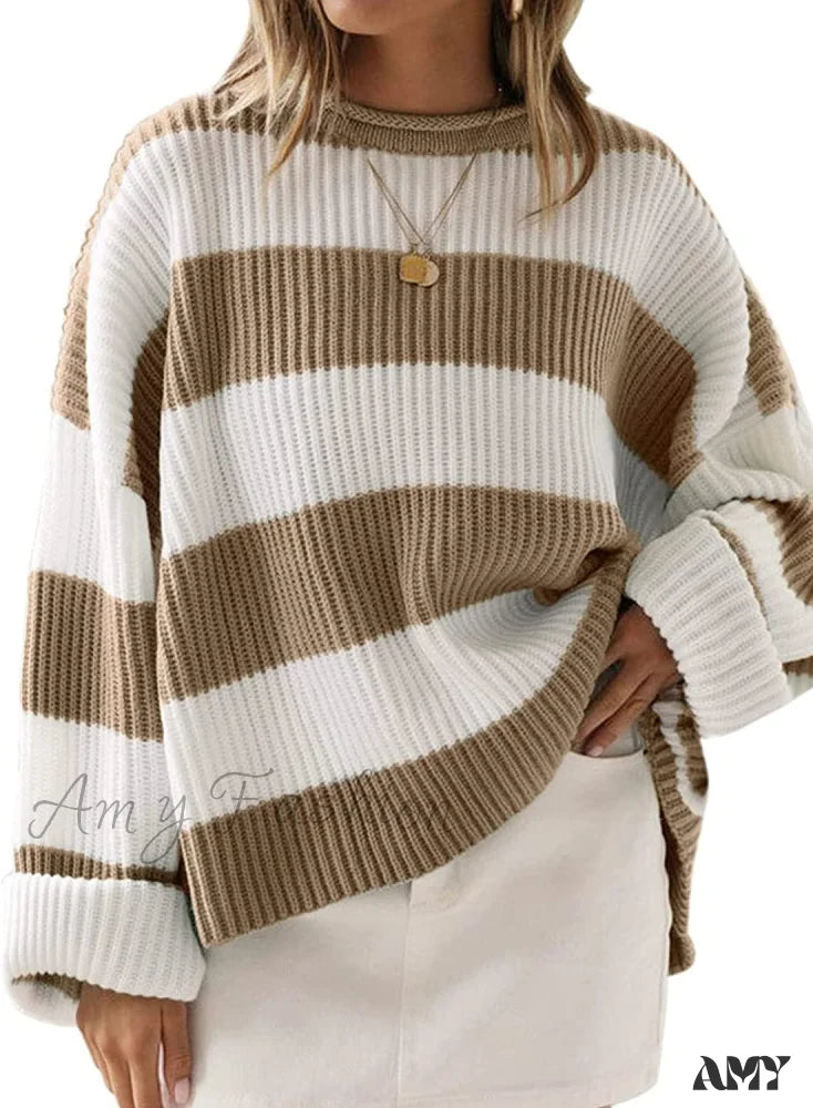 Amy Fashion - Women’s Striped Color Comfy Knitted Sweater