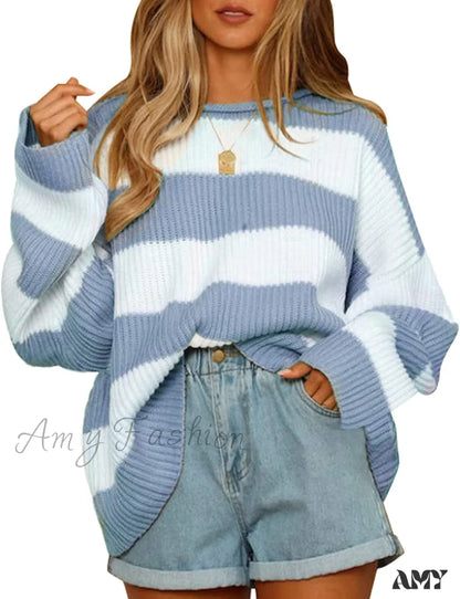 Amy Fashion - Women’s Striped Color Comfy Knitted Sweater Blue / Medium