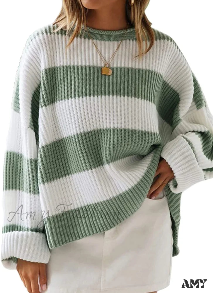 Amy Fashion - Women’s Striped Color Comfy Knitted Sweater Green / X-Large