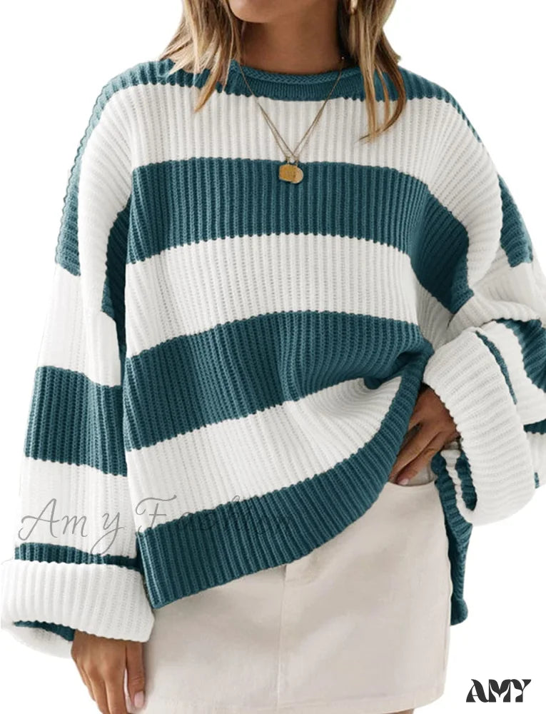 Amy Fashion - Women’s Striped Color Comfy Knitted Sweater Grey / Medium