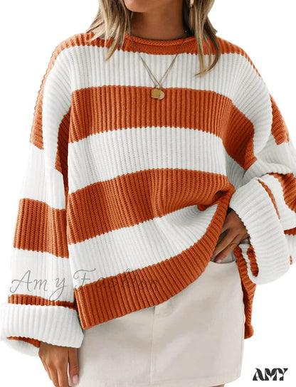 Amy Fashion - Women’s Striped Color Comfy Knitted Sweater Orange / Medium