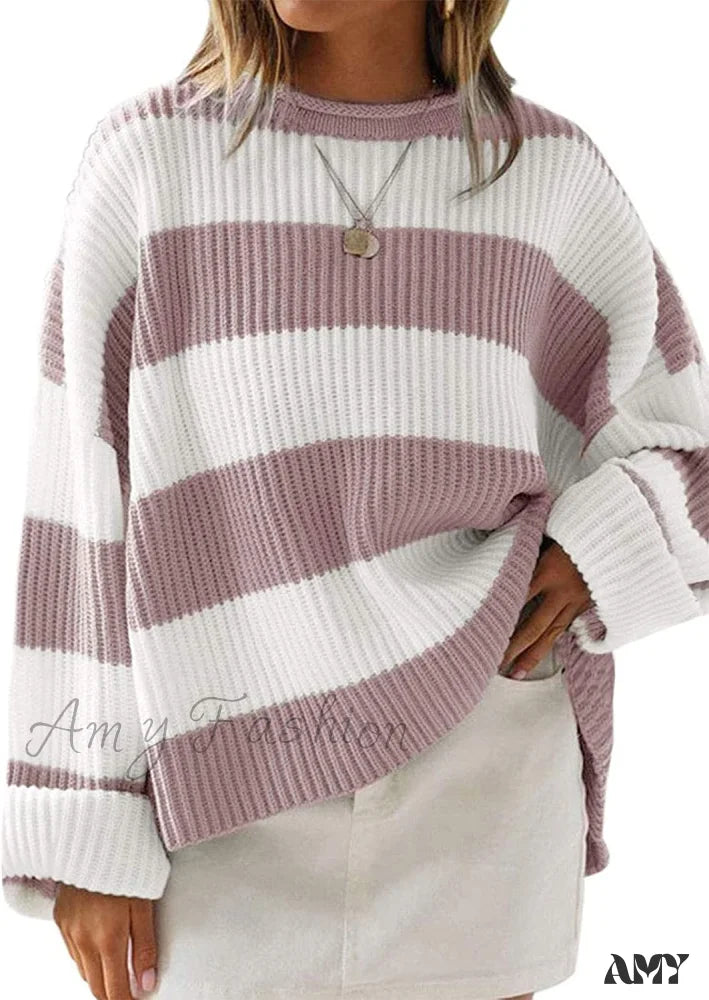 Amy Fashion - Women’s Striped Color Comfy Knitted Sweater Pink / X-Large