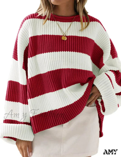 Amy Fashion - Women’s Striped Color Comfy Knitted Sweater Red / Medium