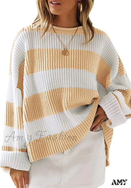 Amy Fashion - Women’s Striped Color Comfy Knitted Sweater Yellow / X-Large