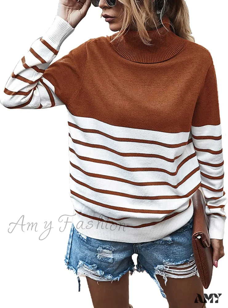 Amy Fashion - Womens Turtleneck Knitted Long Sleeves Stripe Sweater