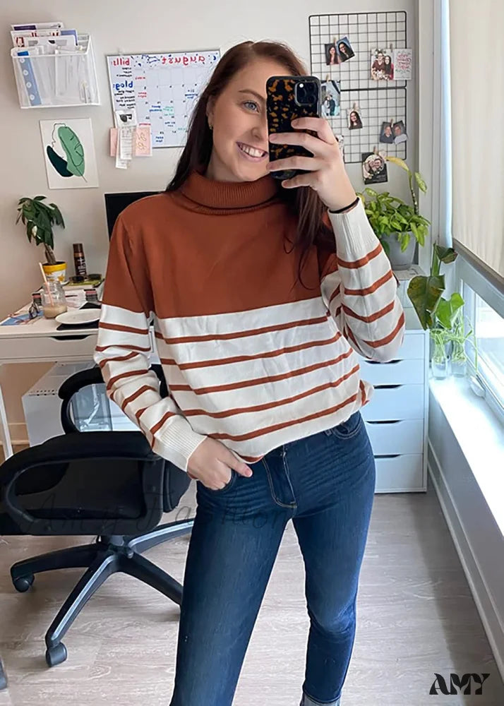 Amy Fashion - Womens Turtleneck Knitted Long Sleeves Stripe Sweater