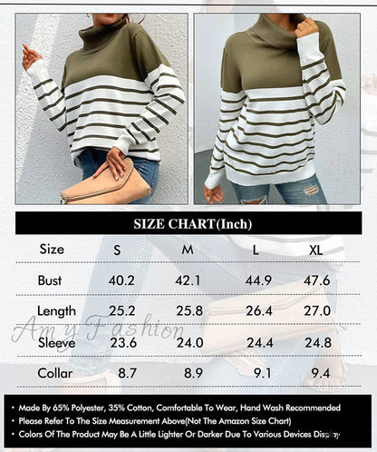 Amy Fashion - Womens Turtleneck Knitted Long Sleeves Stripe Sweater