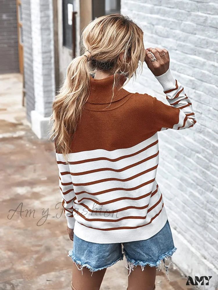 Amy Fashion - Womens Turtleneck Knitted Long Sleeves Stripe Sweater