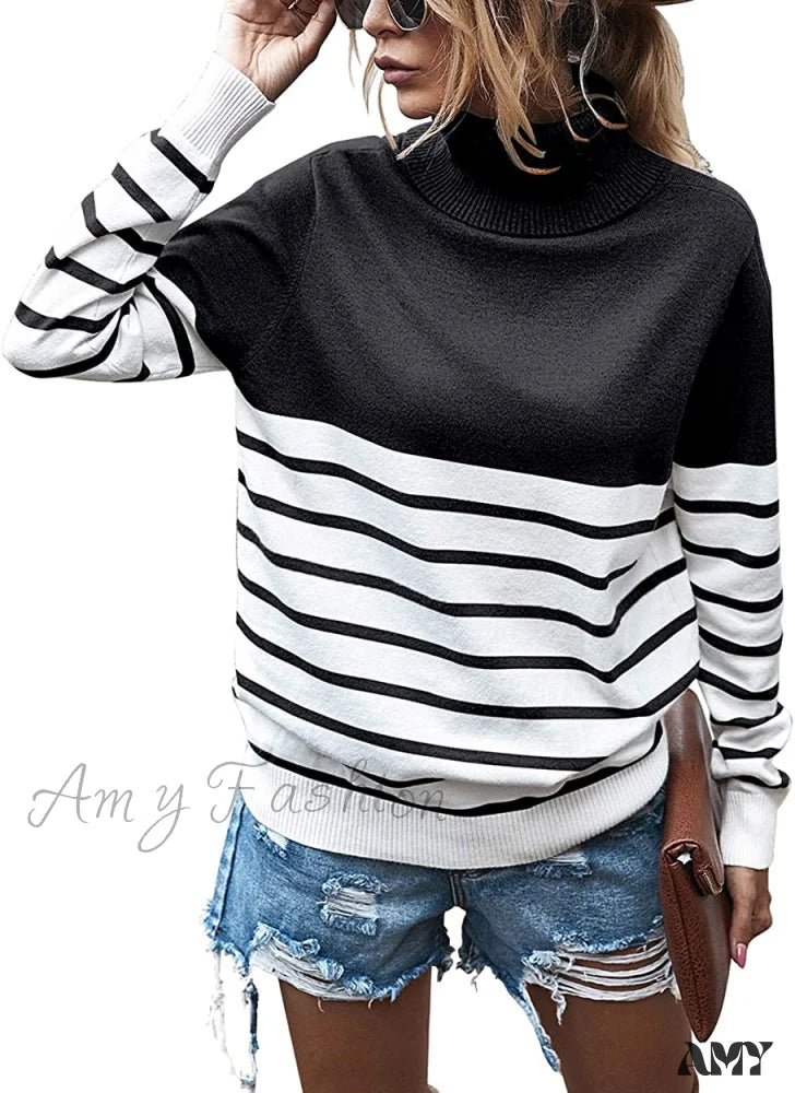 Amy Fashion - Womens Turtleneck Knitted Long Sleeves Stripe Sweater Stripe-Black / Small