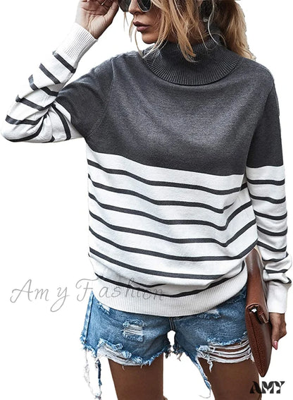 Amy Fashion - Womens Turtleneck Knitted Long Sleeves Stripe Sweater Stripe-Gray / Medium