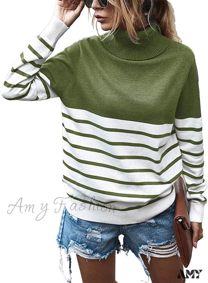 Amy Fashion - Womens Turtleneck Knitted Long Sleeves Stripe Sweater Stripe-Green / Large