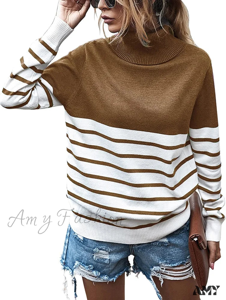 Amy Fashion - Womens Turtleneck Knitted Long Sleeves Stripe Sweater Stripe-Khaki / Medium