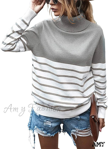 Amy Fashion - Womens Turtleneck Knitted Long Sleeves Stripe Sweater Stripe-Light Gray / Medium