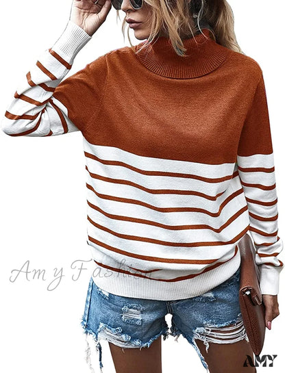 Amy Fashion - Womens Turtleneck Knitted Long Sleeves Stripe Sweater Stripe-Orange Yellow / Small