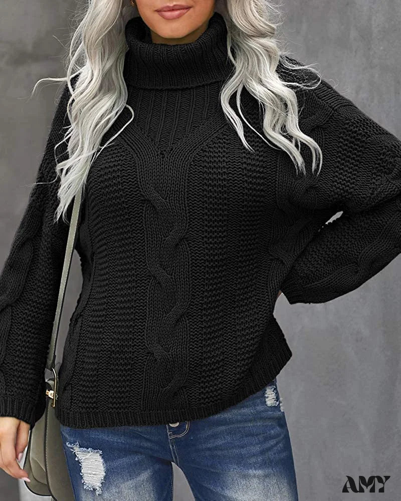 Amy Fashion - Womens Turtleneck Loose Oversized Chunky Knitted Sweater