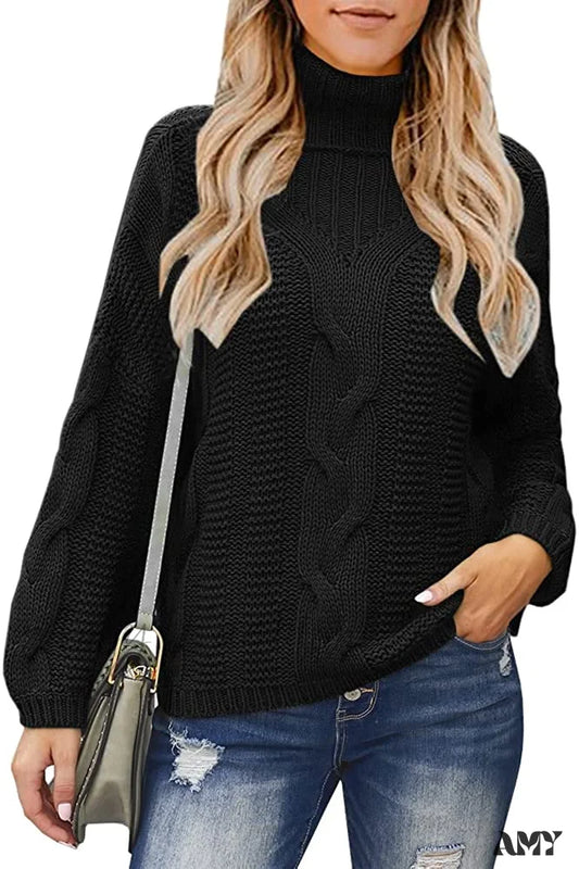 Amy Fashion - Womens Turtleneck Loose Oversized Chunky Knitted Sweater Black / Small