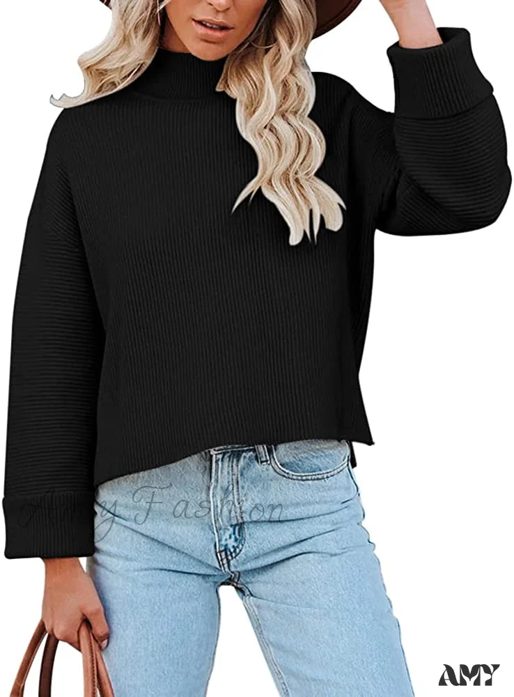 Amy Fashion - Women’s Turtleneck Oversized Long Sleeve Casual Warm Pullover Black / Xx-Large