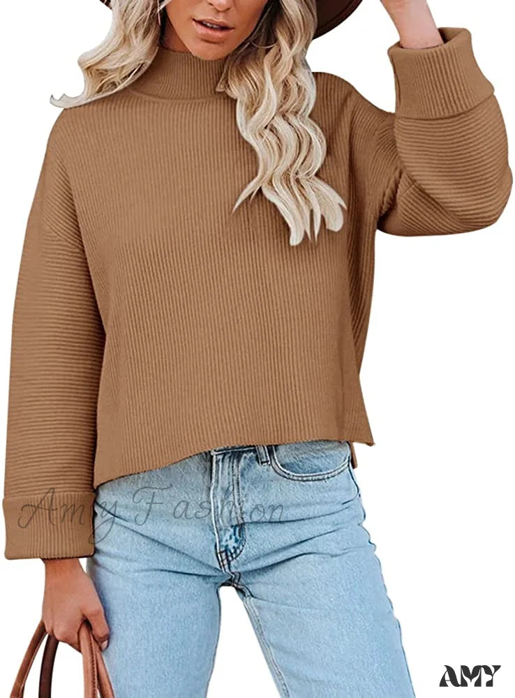 Amy Fashion - Women’s Turtleneck Oversized Long Sleeve Casual Warm Pullover Brown / Medium