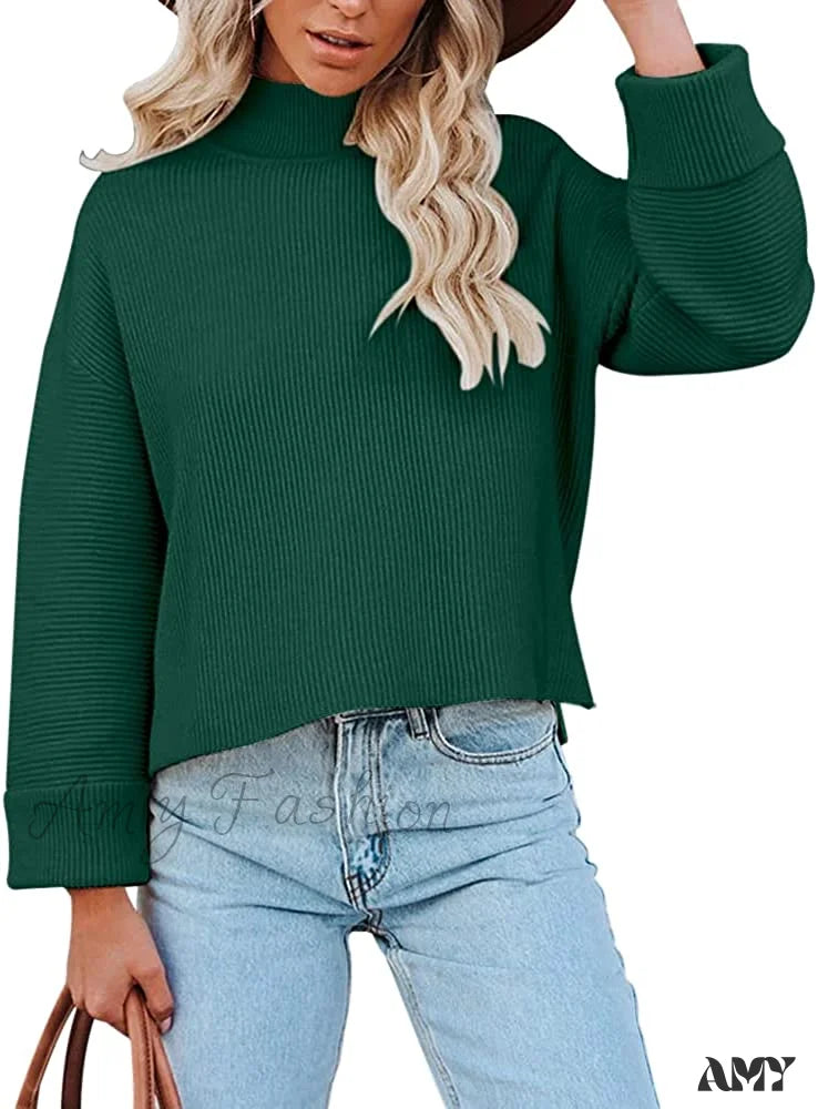 Amy Fashion - Women’s Turtleneck Oversized Long Sleeve Casual Warm Pullover Dark Green / Large