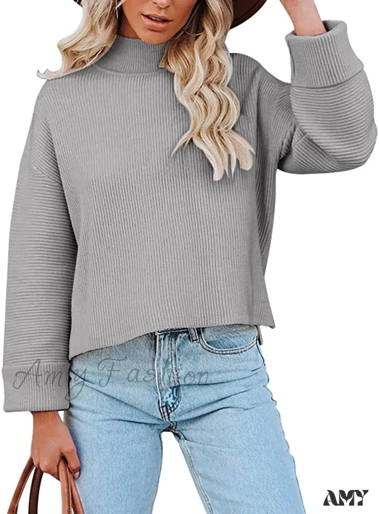 Amy Fashion - Women’s Turtleneck Oversized Long Sleeve Casual Warm Pullover Gray / Large