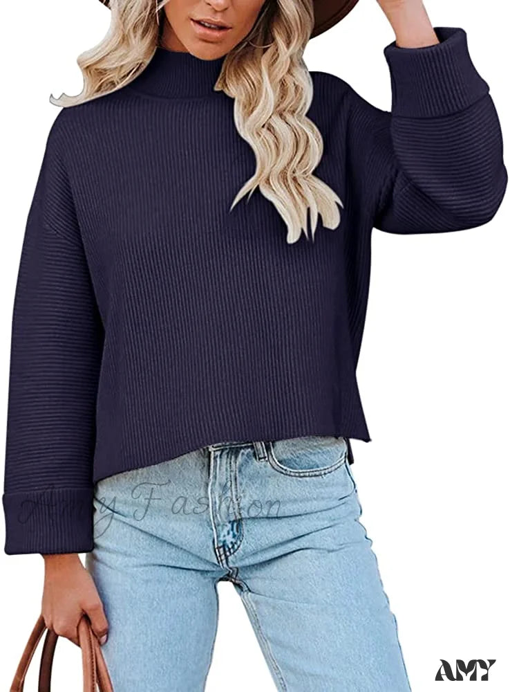 Amy Fashion - Women’s Turtleneck Oversized Long Sleeve Casual Warm Pullover Navy Blue / Large