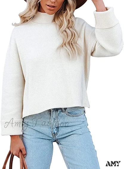 Amy Fashion - Women’s Turtleneck Oversized Long Sleeve Casual Warm Pullover White / Xx-Large