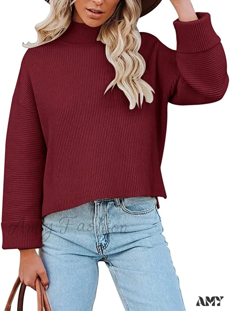 Amy Fashion - Women’s Turtleneck Oversized Long Sleeve Casual Warm Pullover Wine Red / Large