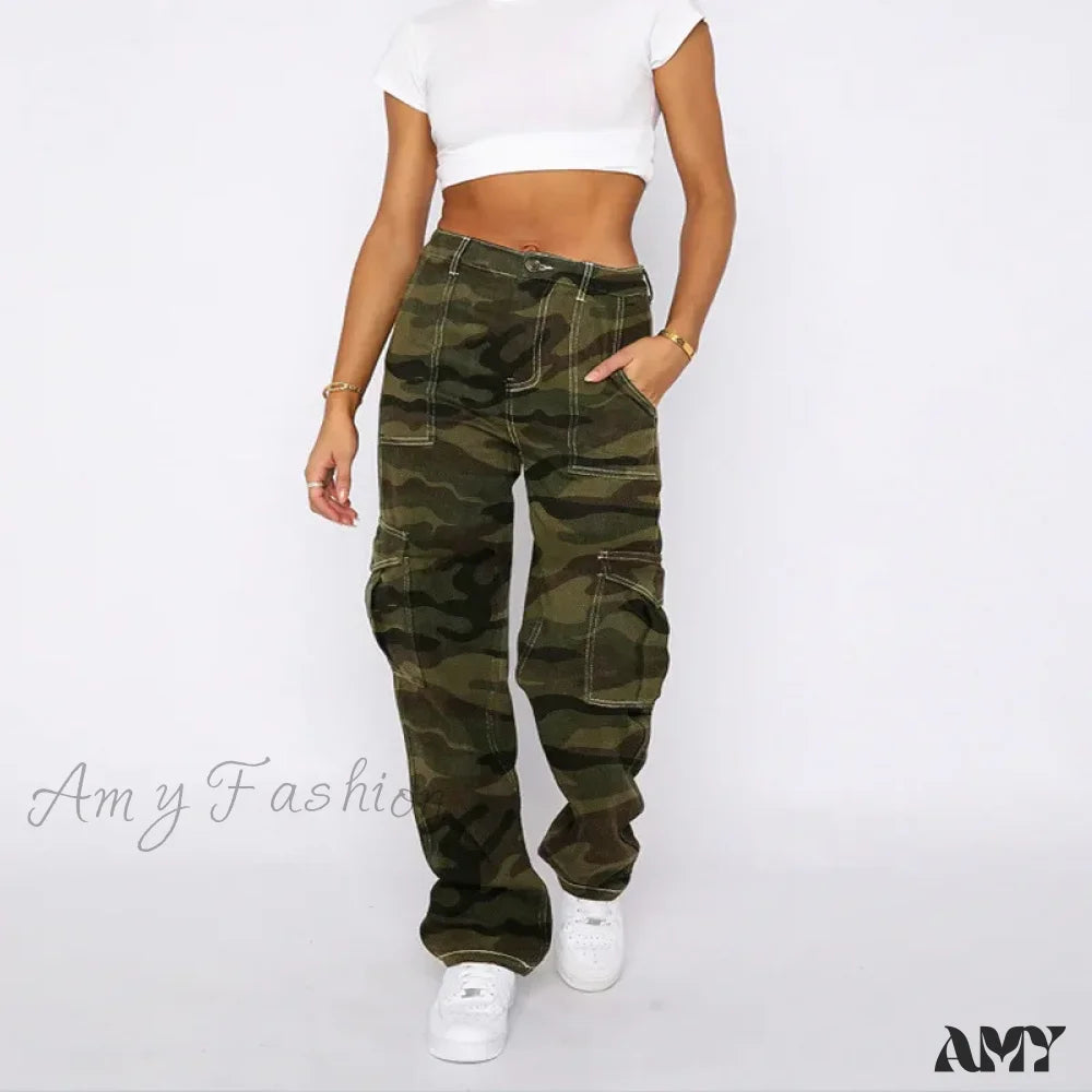 Amy Fashion - Womens Vintage Baggy Cargo Casual Multiple Pockets Mom Hip Hop Street Style Wide Leg