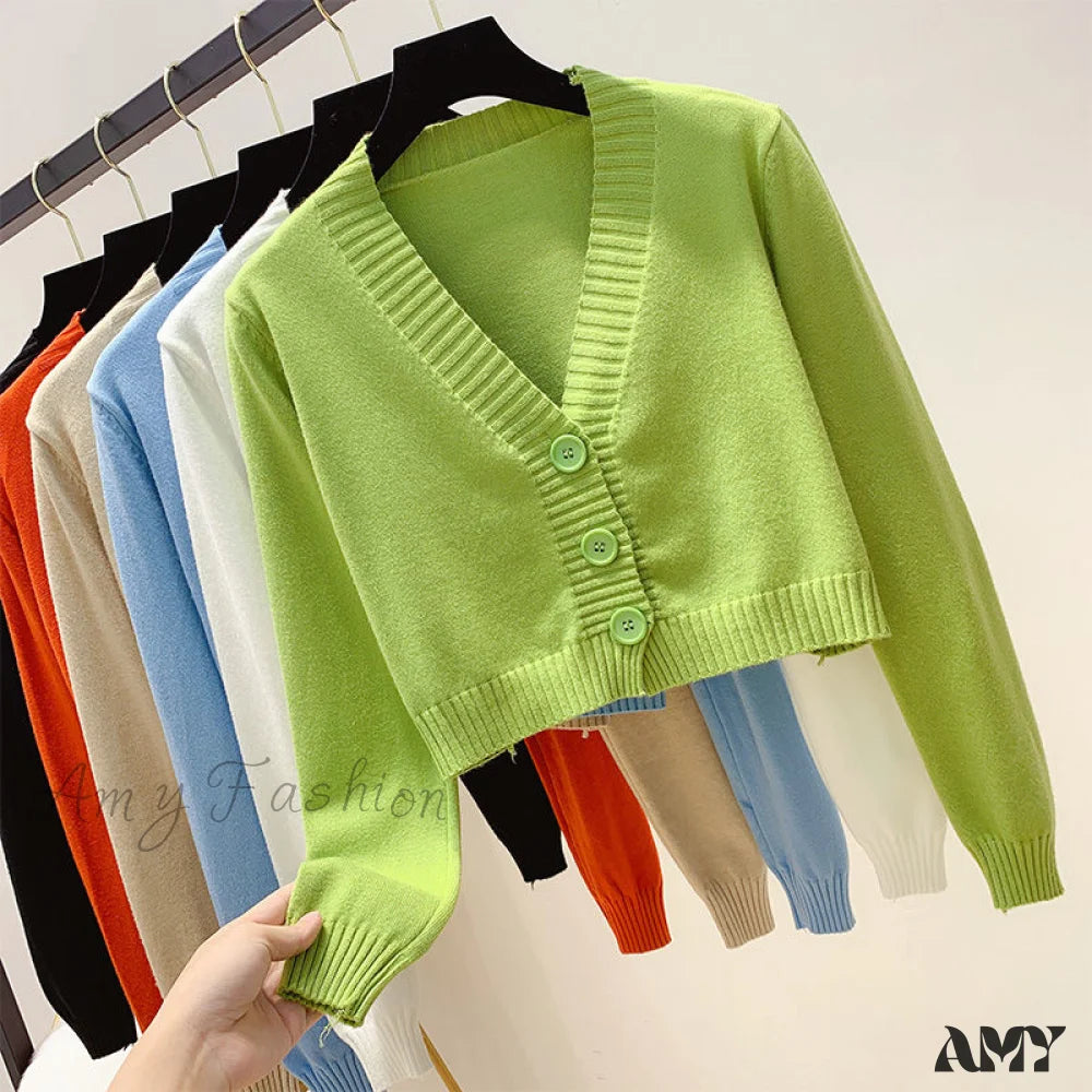 Amy Fashion - Wool Solid Girl Crop Top Cardigan