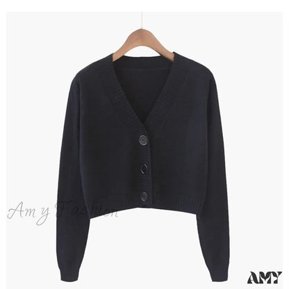 Amy Fashion - Wool Solid Girl Crop Top Cardigan Black / S