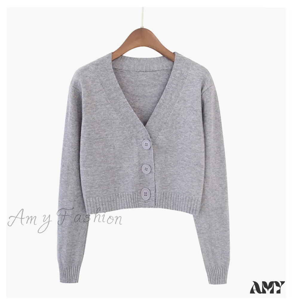 Amy Fashion - Wool Solid Girl Crop Top Cardigan Gray / S