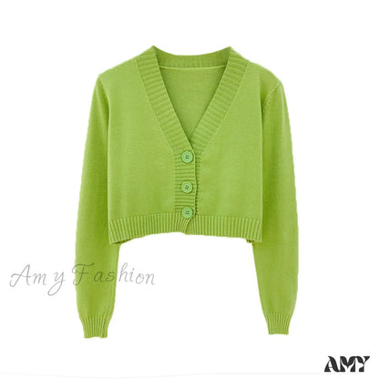 Amy Fashion - Wool Solid Girl Crop Top Cardigan Green / S