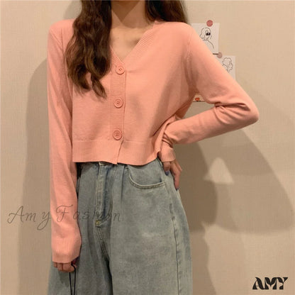 Amy Fashion - Wool Solid Girl Crop Top Cardigan Pink / S