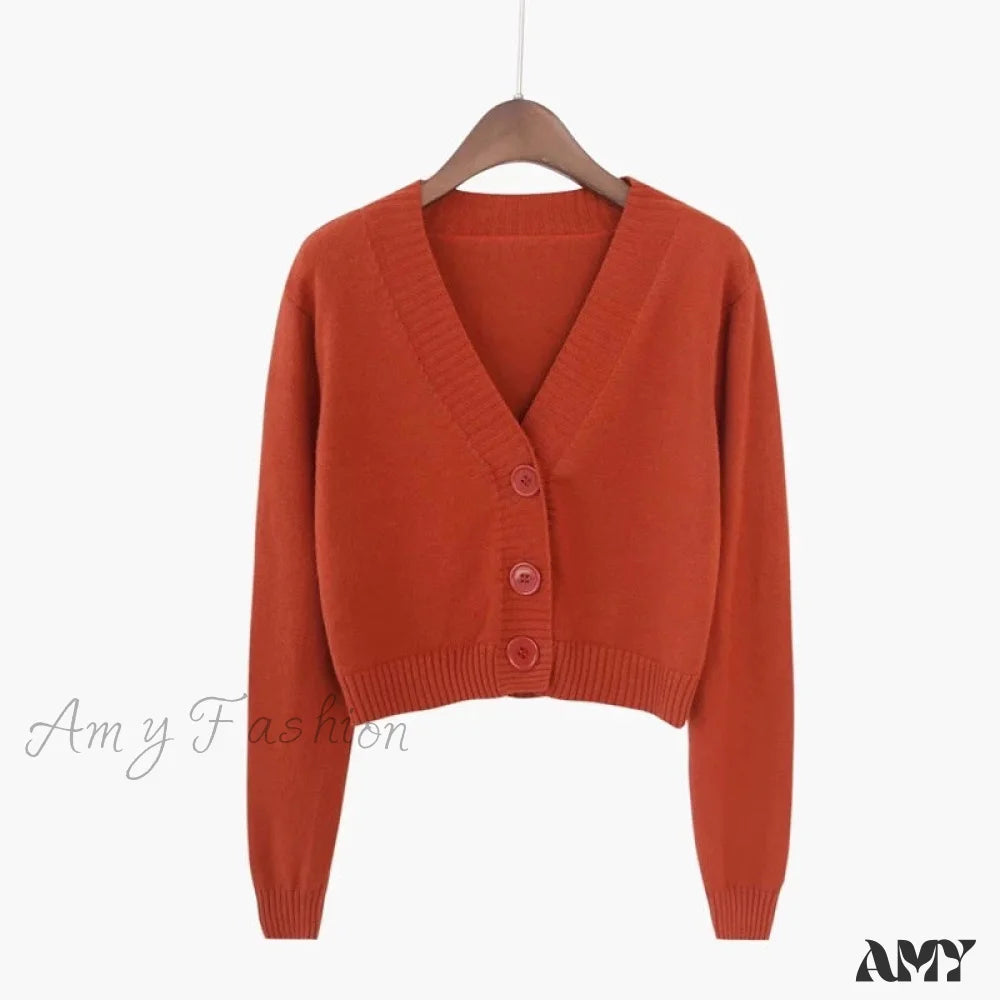 Amy Fashion - Wool Solid Girl Crop Top Cardigan Red / S