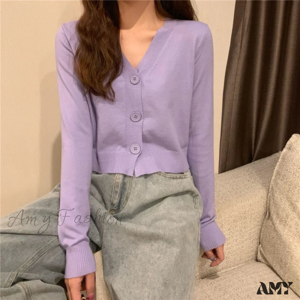 Amy Fashion - Wool Solid Girl Crop Top Cardigan Violet / S